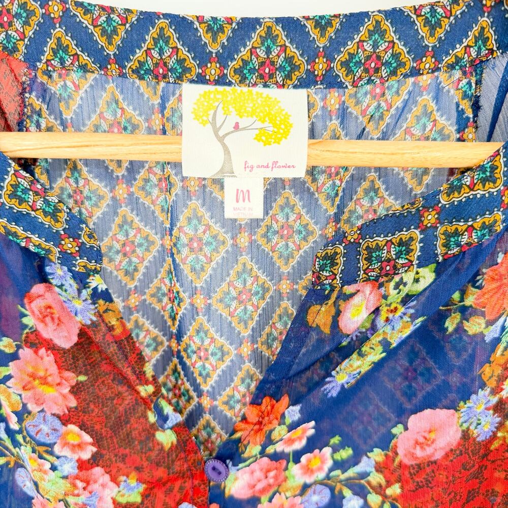 Anthropologie Fig & Flower Floral Sheer Boho Blouse Medium Blue Red Peasant Top - Picture 3 of 11
